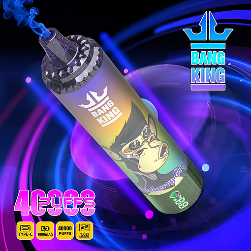 A Bang King Blueberry Grape vape device emitting blue vapor, featuring a cartoonish monkey wearing sunglasses on the body, set against a futuristic background with purple and blue light rings, with text highlighting 40000 puffs, USB Type-C charging, 1000 mAh battery, and 1.0 ohm mesh coil specifications.
