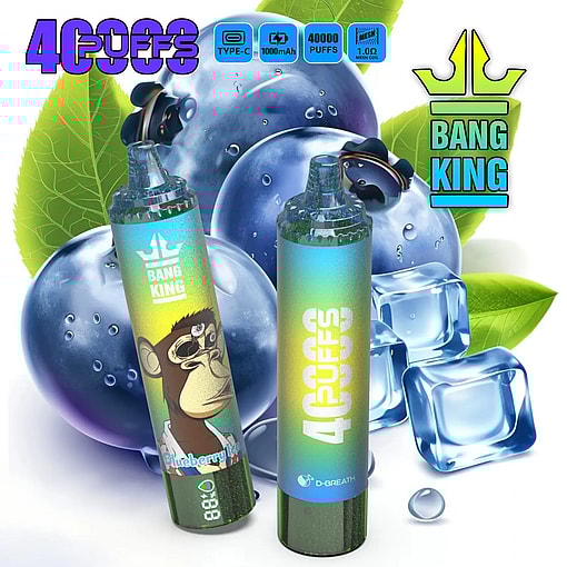 Two gradient blue-green disposable vape pens with "BANG KING" branding and a cartoon gorilla illustration, surrounded by large fresh blueberries, green leaves, and ice cubes, highlighting "4000 PUFFS" capacity and features like TYPE-C charging, 1000mAh battery, 1.0Ω mesh coil.