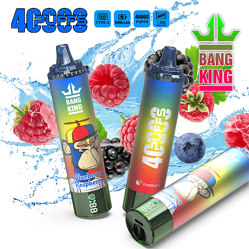 Three colorful disposable vape devices labeled '40 PUFFS' and 'BANG KING' with a blueberry raspberry flavor, surrounded by splashing water and fresh berries including raspberries, blackberries, and blueberries.