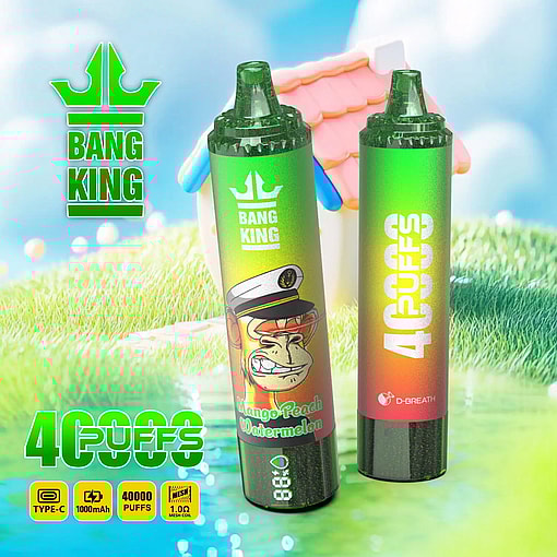 Two green gradient Bang King vape devices with text indicating 40000 puffs, set outdoors near a stylized house with a pink roof on grass beside a small reflective pond under a blue sky with fluffy white clouds.