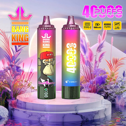 Two colorful Bang King disposable vape devices with gradient backgrounds and cartoon ape graphics placed on a white marble platform surrounded by purple and pink flowers under a bright moonlit sky, highlighting features like 40000 puffs, 1000mAh battery, and 1.0 ohm mesh coil.
