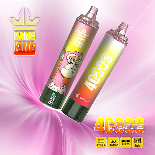 Two disposable vape devices with gradient yellow to red bodies and black bases displaying a digital puff counter; one has text 'BANG KING' and an obscured graphic, the other shows '40000 PUFFS' and 'D-GREATH' on a pink and yellow background swirl