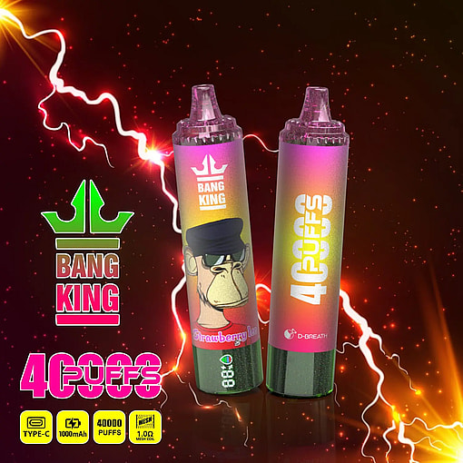 Two colorful disposable vape pens side by side against a dark background with bright lightning effects, featuring a cartoon ape with sunglasses and text including Bang King, Strawberry Ice flavor, 40000 puffs, and 88% indicator.