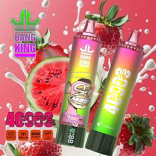 Two Bang King disposable vape devices with strawberry watermelon flavor featuring a cartoon monkey with a halo, surrounded by splashes of milk, whole and sliced strawberries, and a slice of watermelon on a pink gradient background, advertising 40000 puffs and specifications including Type-C, 1000mAh battery, and 1.0 ohm mesh coil.