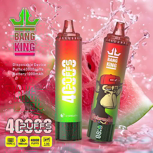 Due dispositivi per svapare usa e getta colorati con sfumature di colore dal rosso al verde, etichettati "4 PUFFS" e "Watermelon", esposti su uno sfondo di anguria che schizza, con il marchio Bang King e specifiche come 40000 tiri e batteria da 1000 mAh.