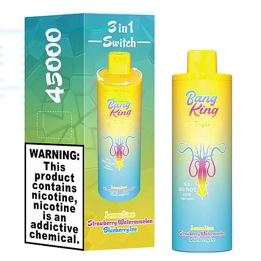 A colorful vape device and its packaging labeled "Bang King Triple" with flavors lemon lime, strawberry watermelon, and blueberry ice, featuring a 3-in-1 switch and a nicotine addiction warning label.