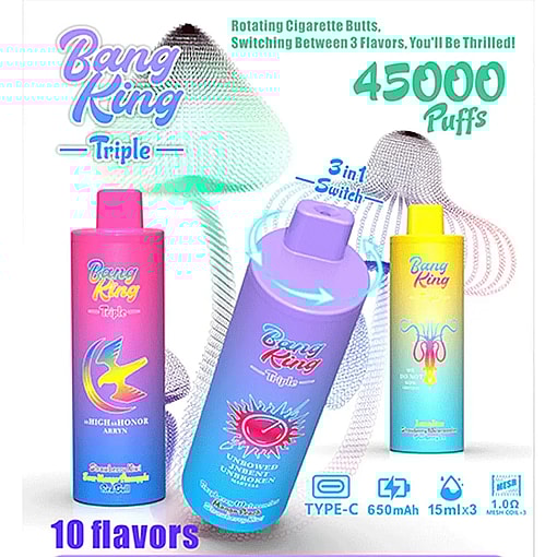 Three colorful Bang King Triple vape devices in pink, purple, and yellow-to-blue gradient with labels highlighting strawberry kiwi, watermelon, and juicy lime flavors, accompanied by text advertising 45,000 puffs, 10 flavors, 3-in-1 switch, and technical specs like Type-C charging, 650mAh battery, and 1.0 mesh coil.