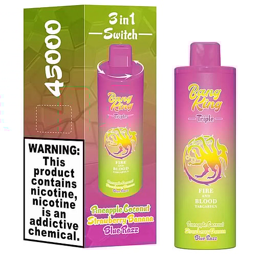 Pink and green gradient disposable vape device and matching box labeled Bang King Triple with flavors pineapple coconut, strawberry banana, and blue razz, containing 4500 puffs and a nicotine warning