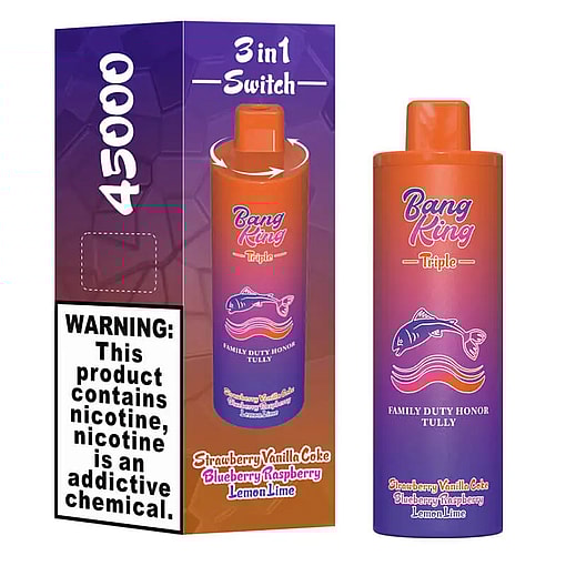 Packaging and disposable vape device labeled Bang King Triple with 45000 puffs, featuring a 3-in-1 flavor switch for strawberry vanilla coke, blueberry raspberry, and lemon lime, warning about nicotine addiction.