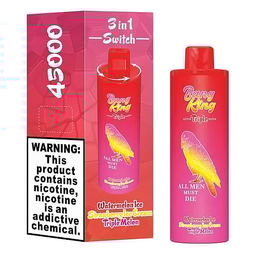 Red and pink Bang King Triple disposable vape device with an image of a yellow bird and text indicating watermelon ice, strawberry ice cream, and triple melon flavors, next to its box showing a 4500 puff count and a nicotine addiction warning.