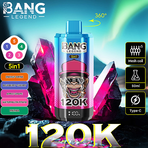 Bang Legend 120K disposable vape device with a pink label featuring a cartoon monkey wearing sunglasses and a hat, set against a vibrant background with glowing pink crystals and northern lights, highlighting features such as 5in1 flavors, 360-degree rotation, mesh coil, 50ml capacity, and Type-C charging