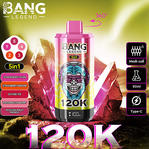 Pink and yellow BANG LEGEND 120K 5in1 vape device with monkey wearing headphones graphic, surrounded by crystal-like rocks, flavor options listed as strawberry kiwi, strawberry banana, lychee ice, watermelon berry, and passion fruit mango; features mesh coil, 50ml capacity, Type-C charging, and 360-degree rotation; set against a glowing yellow background.