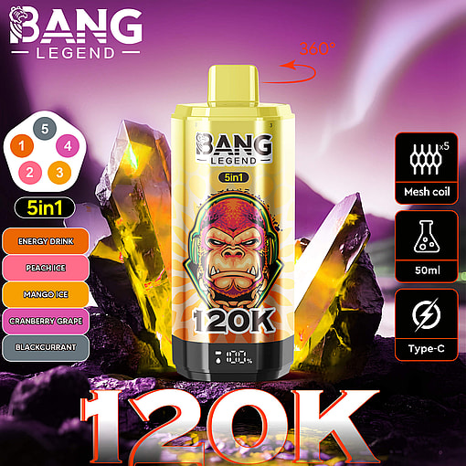 Yellow Bang Legend 120K 5-in-1 disposable vape device with gorilla illustration, surrounded by colorful flavor labels, 360-degree rotation arrow, mesh coil, 50ml capacity, and Type-C charging icons against a purple and black rocky background.