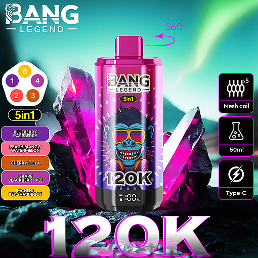 A vibrant pink and purple vape device with a blue monkey wearing sunglasses on it, labeled 120K and 5 in 1, surrounded by icons indicating 360-degree use, five mesh coils, 50ml capacity, and Type-C charging, set against glowing purple crystals and a blue-green aurora background with the brand name Bang Legend.