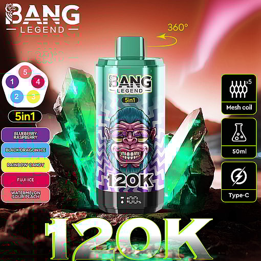 A greenish cylindrical Bang Legend 5in1 vape device surrounded by glowing green crystals with text indicating 5 flavors, 5 mesh coils, 50ml capacity, and Type-C charging, set against a reddish blurred background.