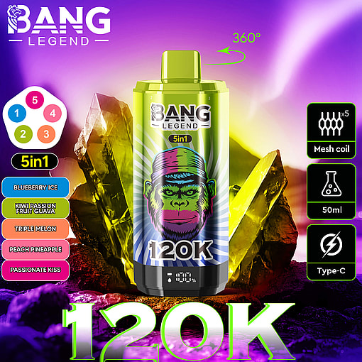 Colorful BANG LEGEND 5-in-1 disposable vape device with a vibrant monkey face design, set against a luminous purple and yellow crystal background, highlighting features like 120K puffs, mesh coil, 50ml capacity, and Type-C charging.