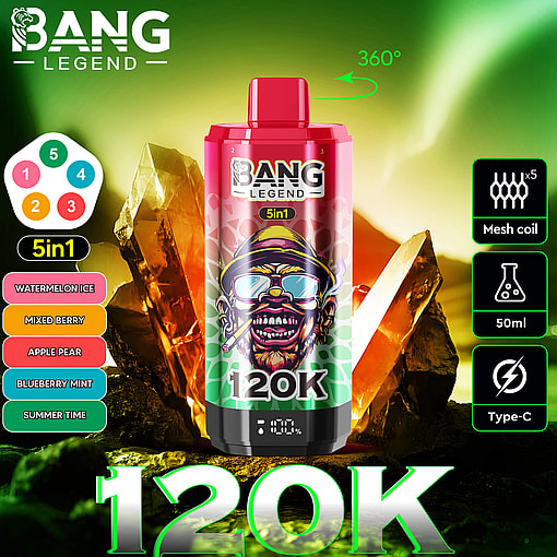 Red Bang Legend 5-in-1 disposable vape device with a colorful graphic of a man wearing sunglasses and a hat, displayed against a green and yellow background with crystal formations, highlighting features like 120K puffs, mesh coil x5, 50ml capacity, and Type-C charging, and showing five flavor options: Watermelon Ice, Mixed Berry, Apple Pear, Blueberry Mint, and Summer Time.
