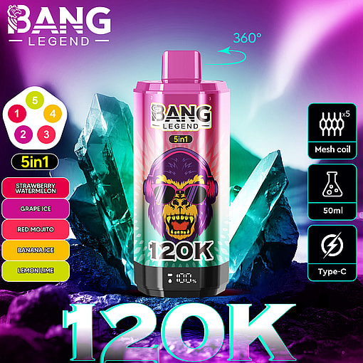 Bang Legend 5-in-1 disposable vape device with 120K puffs, featuring a colorful design with a purple gorilla wearing sunglasses on the center, surrounded by flavor options including strawberry watermelon, grape ice, red mojito, banana ice, and lemon lime, and technical features like 5 mesh coils, 50ml capacity, and Type-C charging, all set against a vibrant icy crystal background with 360-degree rotation indication.