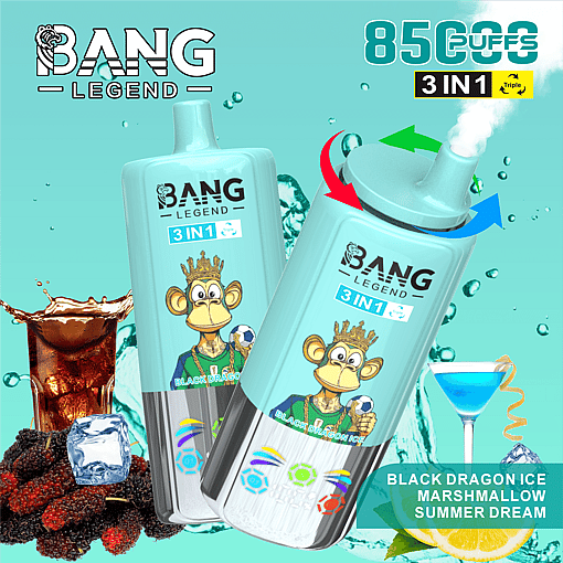 Two light blue BANG Legend 3-in-1 disposable vape devices with a monkey wearing a crown illustration, surrounded by water splashes, iced cola with black mulberries, and a blue cocktail with lemon slice, highlighting 8500 puffs and Black Dragon Ice Marshmallow Summer Dream flavors.