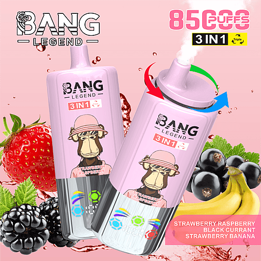 Two pink Bang Legend 3-in-1 disposable vape devices with a cartoon monkey wearing a pink hat on the label, surrounded by strawberries, raspberries, black currants, and bananas on a pink background with splash effects and text highlighting 8500 puffs and the three flavors: strawberry raspberry, black currant, and strawberry banana.