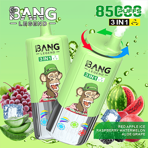 Two green Bang Legend 3-in-1 vape devices with Red Apple Ice flavor, featuring a cartoon monkey in a green hat, surrounded by images of grapes, aloe slices, ice cubes, watermelon, and raspberries, with 8500 puffs indicated.