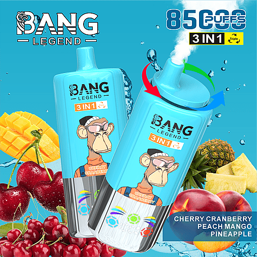 Two blue Bang Legend 3-in-1 disposable vaping devices with a monkey graphic and cherry cranberry flavor, surrounded by fresh mango, cherries, cranberry, pineapple, and peach against a blue background with text indicating 8500 puffs and fruit flavors.