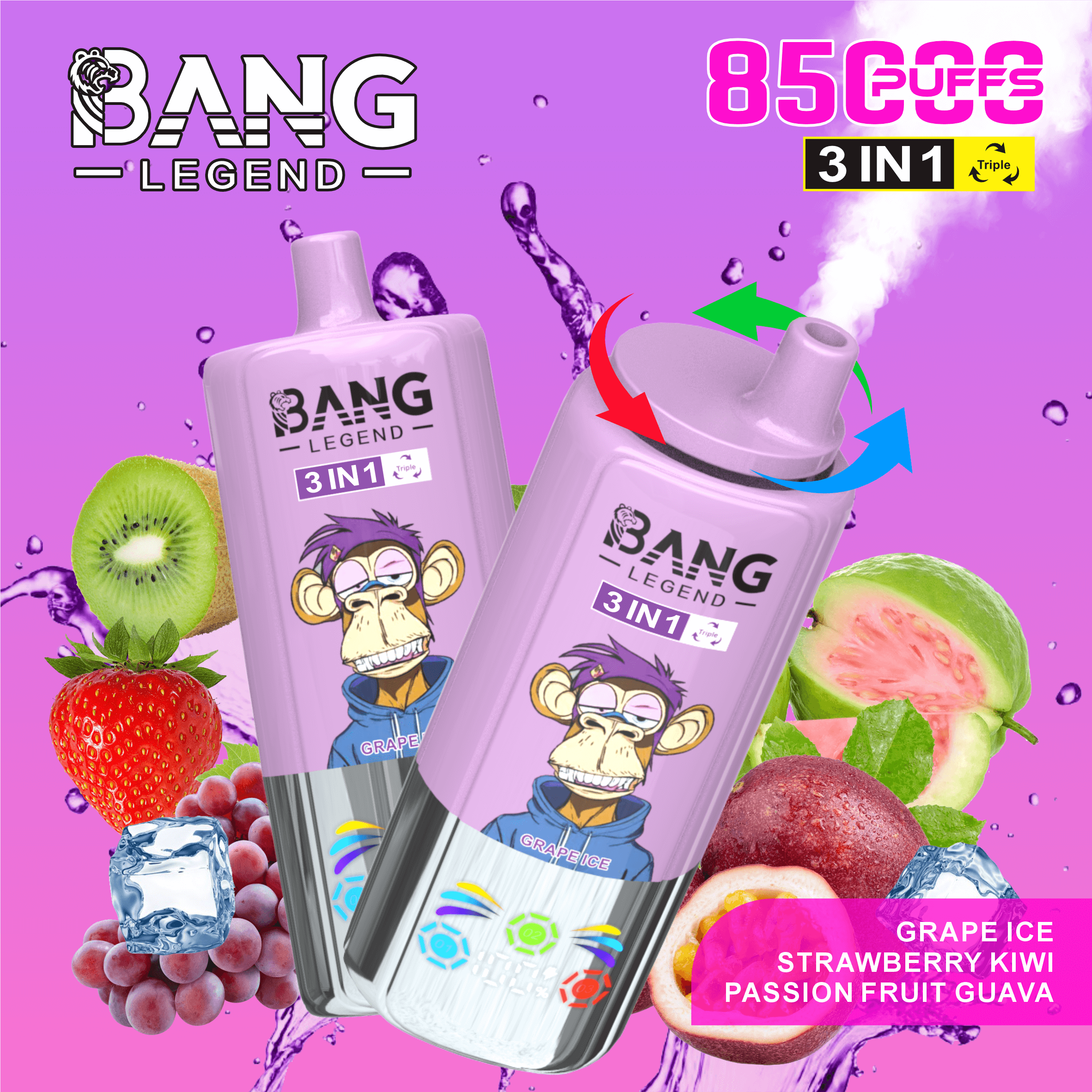 Two purple BANG LEGEND 3 IN 1 disposable vape devices featuring a cartoon monkey wearing sunglasses and a hoodie, surrounded by images of grape, kiwi, strawberry, passion fruit, guava, and ice cubes, with text highlighting 8500 puffs and flavor flavors grape ice, strawberry kiwi, and passion fruit guava.