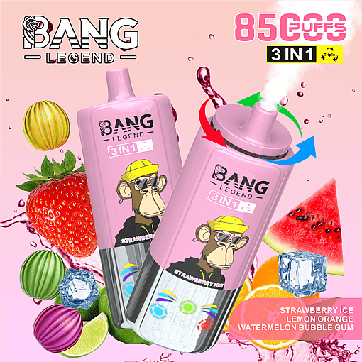 Two pink Bang Legend 3-in-1 disposable vapes labeled Strawberry Ice, surrounded by splashing water, strawberry, watermelon slice, lime, orange, and colorful bubbles, indicating flavors; text highlights 8500 puffs and triple flavor function with colorful arrows