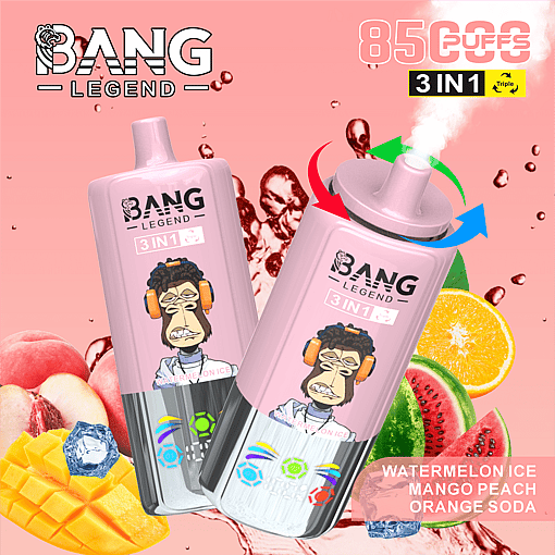 Pink Bang Legend 3-in-1 disposable vape devices with a cartoon monkey wearing headphones labeled 'Watermelon Ice' surrounded by splashes and fresh fruits including mango, peach, watermelon, and orange, indicating triple flavor options and 8500 puffs capacity.