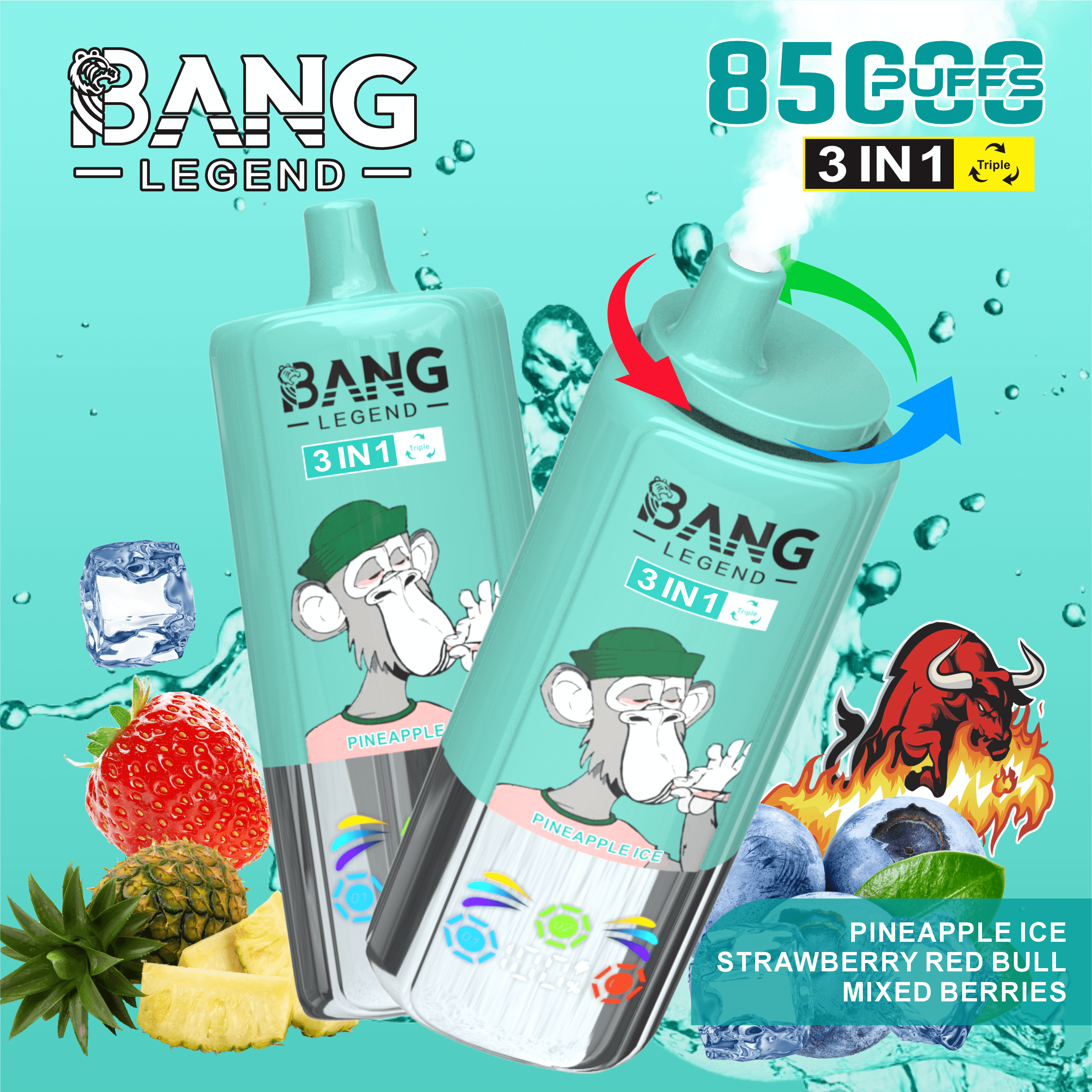 Two teal-colored Bang Legend disposable vape devices with an illustrated monkey wearing a green cap and pink shirt, labeled "3 IN 1 Triple" and "Pineapple Ice", surrounded by strawberries, pineapple slices, blueberries, ice cubes, and a red bull with flames, highlighting 8500 puffs and triple flavors: Pineapple Ice, Strawberry Red Bull, and Mixed Berries.