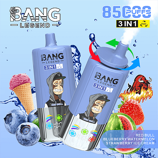Two blue Bang Legend 3-in-1 disposable vape devices with animated Red Bull character logos, surrounded by blueberries, watermelon, strawberries, ice cream cone, and flames, with text highlighting 8500 puffs and flavors: Red Bull, Blueberry Watermelon, Strawberry Ice Cream.