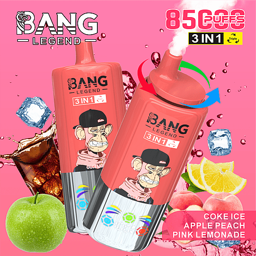 Two red Bang Legend vaping devices with cartoon monkeys on them surrounded by ice cubes, green apple, peach, lemon slices, and a splash of cola, indicating flavors of coke ice, apple peach, and pink lemonade with a pink background and text highlighting 8500 puffs and 3 in 1 triple flavor