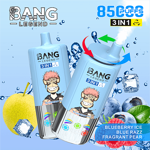 Two blue Bang Legend 3 in 1 disposable vape devices with a cartoon monkey design labeled Blueberry Ice, surrounded by water droplets, ice cubes, a peach, blueberries, raspberries, and green leaves, highlighting 8500 puffs and triple flavor functionality.