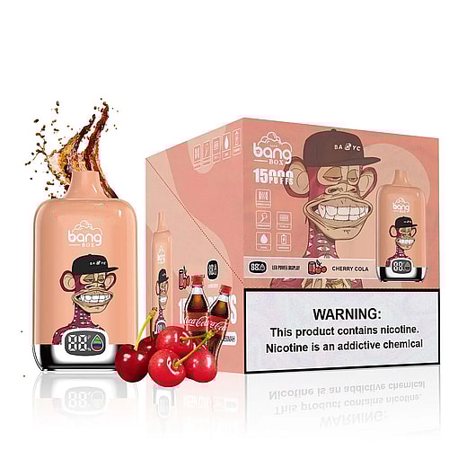Pink Bang Box disposable vape device with a cartoon monkey wearing a black cap, accompanied by cherries, cola splash, and Coca-Cola bottles next to its packaging labeled '15000 puffs' and a nicotine warning.