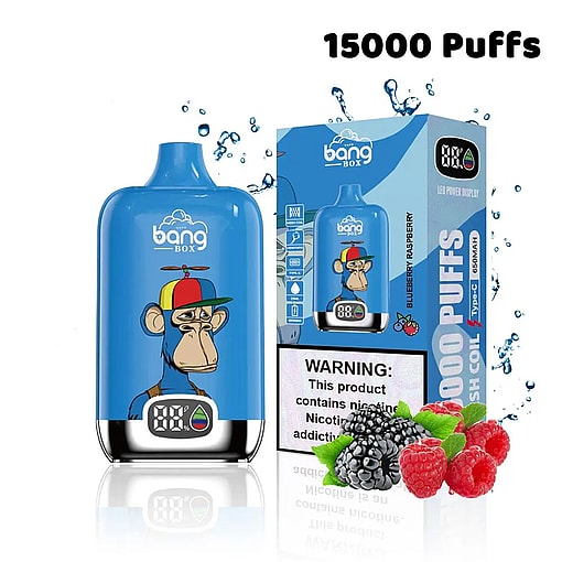 Blue Bang Box vape device with a cartoon monkey wearing a multicolored cap, alongside its packaging showing blueberry raspberry flavor and 15000 puffs capacity, with images of blackberries and raspberries and a nicotine warning label.