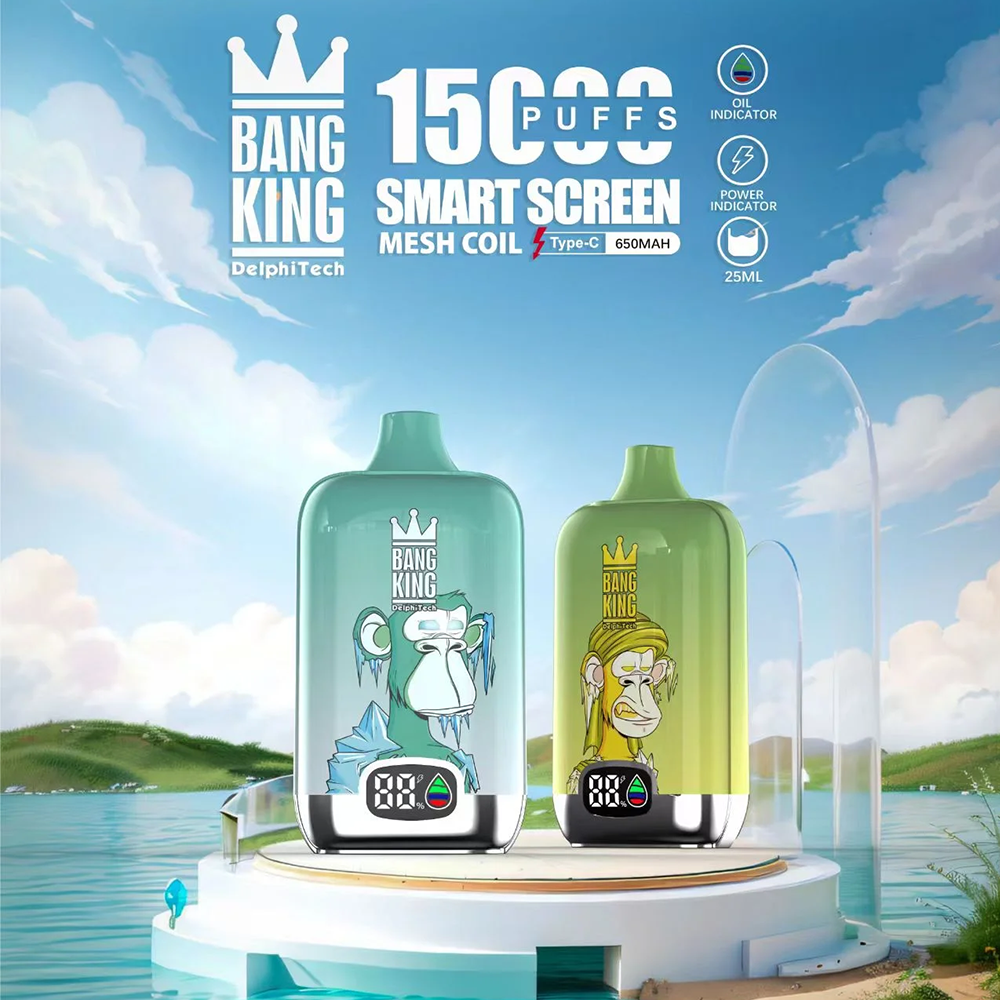 Two Bang King vape devices with cartoon ape designs, one blue and one green, displayed on a white round pedestal by a lake with a partly cloudy sky in the background
