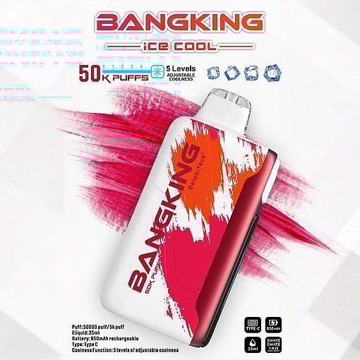 A white and red BANGKING DeplhiTech vape device with red and orange abstract paint streaks, shown against a white background with red brush strokes, advertising 50,000 puffs, 25ml e-liquid, 850mAh rechargeable battery, Type C charging, and 5 levels of adjustable coolness with ice cube icons.