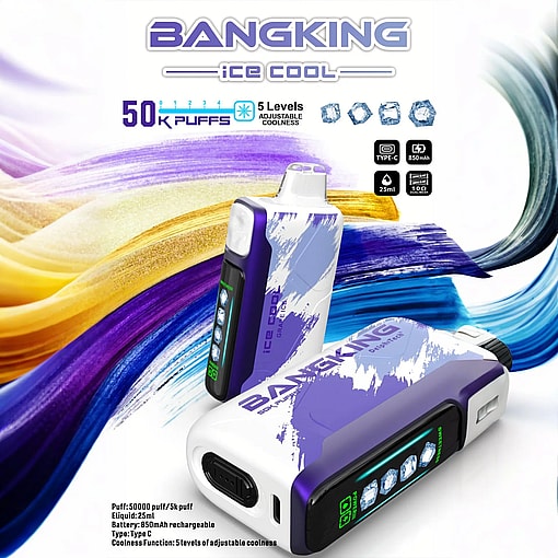 Two white and purple Bangking Ice Cool vaping devices with digital displays showing ice cube icons and puff count, set against a colorful swirled background indicating 50K puffs, 5 levels of adjustable coolness, 25ml e-liquid, 850mAh battery, and Type C charging.