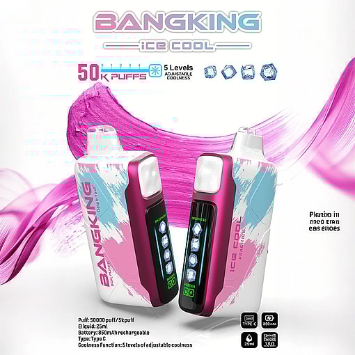 Two Bangking Ice Cool vaping devices in white, pink, and blue with digital displays and mouthpieces, set against a white background with pink and purple paint streak effects, highlighting features like 50K puffs, 5 levels of adjustable coolness, 25ml e-liquid capacity, and rechargeable battery.