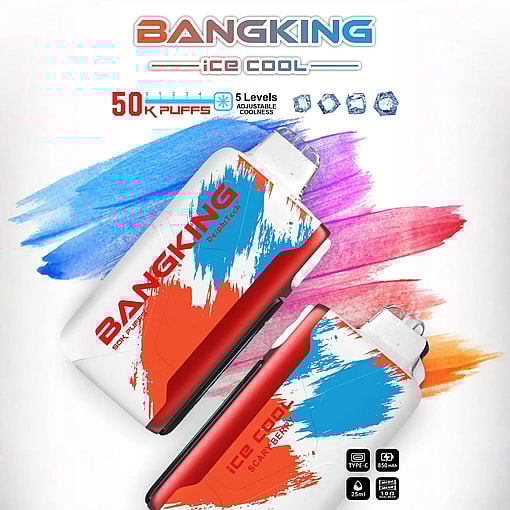 Two Bangking Ice Cool disposable vape devices with red, blue, and white abstract designs on a white background, advertising 50K puffs, 5 adjustable coolness levels, Type-C charging, 850mAh battery, and 25ml e-liquid capacity