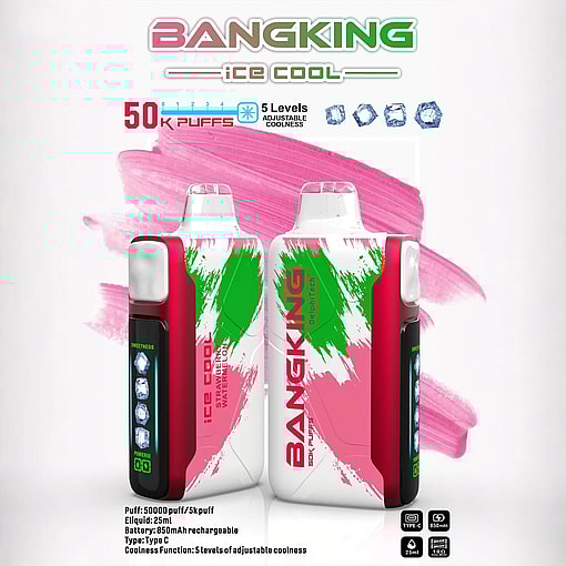 Two BangKing ice cool strawberry watermelon flavored vape devices with a pink and green brushstroke design, showing front and back views, alongside text indicating 50,000 puffs, 25ml e-liquid, 850mAh rechargeable battery, and adjustable coolness levels.