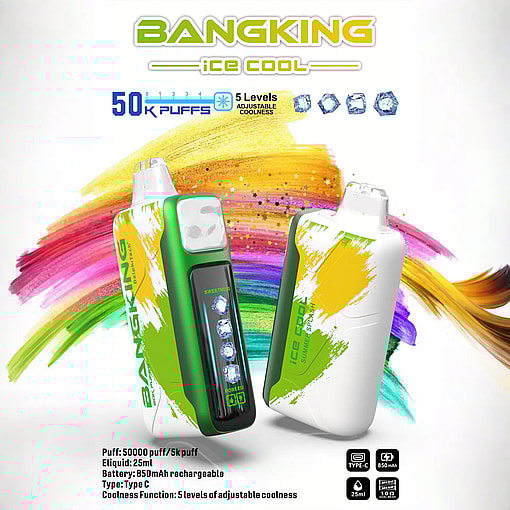 Two Bangking ice cool disposable vape devices with green, white, and yellow splash design in front of a colorful curved brushstroke background, highlighting features like 50,000 puffs, 5 levels of adjustable coolness, 25ml e-liquid, 850mAh rechargeable battery, and Type C charging.