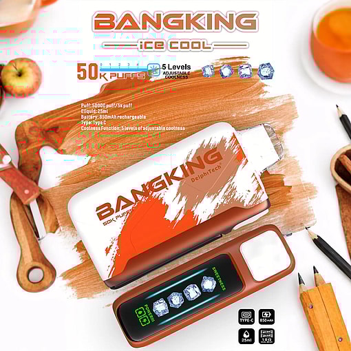 Two BangKing ice cool vape devices on a wooden surface surrounded by an apple, a glass of orange liquid, pencils, and cartoon-style icons showing 50K puffs, 5 levels of adjustable coolness, 850mAh battery, and 25ml e-liquid capacity.