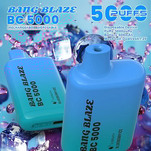Two blue Bang Blaze BC 5000 disposable vape devices with a blueberry ice flavor, surrounded by blueberries, ice cubes, and purple liquid droplets, highlighting 5000 puffs and 600mAh battery capacity.