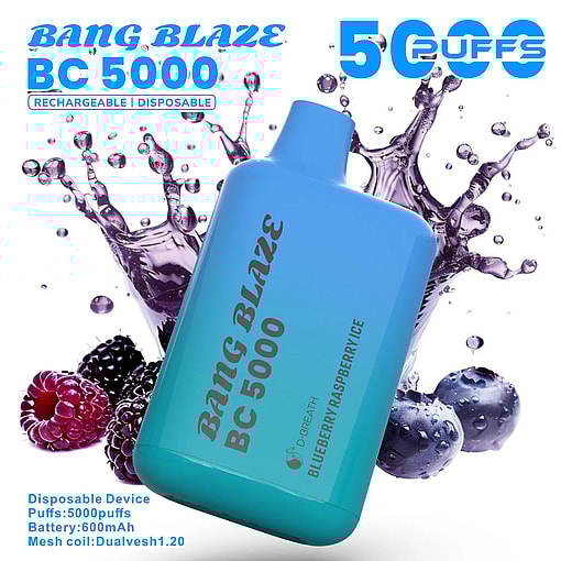 Blue gradient Bang Blaze BC 5000 disposable vape device with blueberry and raspberry ice flavor text, surrounded by splashes of purple liquid and fresh berries including raspberries, blackberries, and blueberries