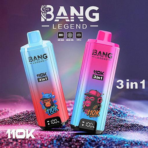 Two gradient blue and pink Bang Legend 3in1 vape devices with cartoon monkey artwork on a glittery surface.