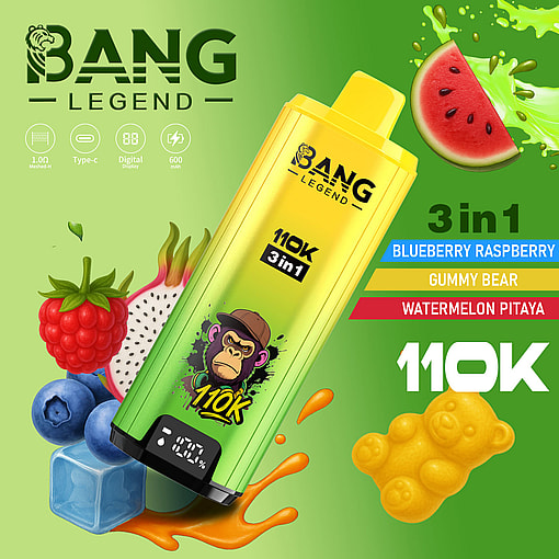 Bang Legend 10K 3in1 yellow vape with fruit art and flavors Blueberry Raspberry, Gummy Bear, Watermelon Pitaya.