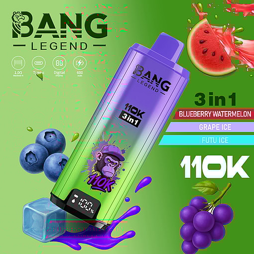 Purple Bang Legend 3-in-1 device angled on a lime gradient, surrounded by blueberries, a watermelon slice, purple grapes, and splash graphics.