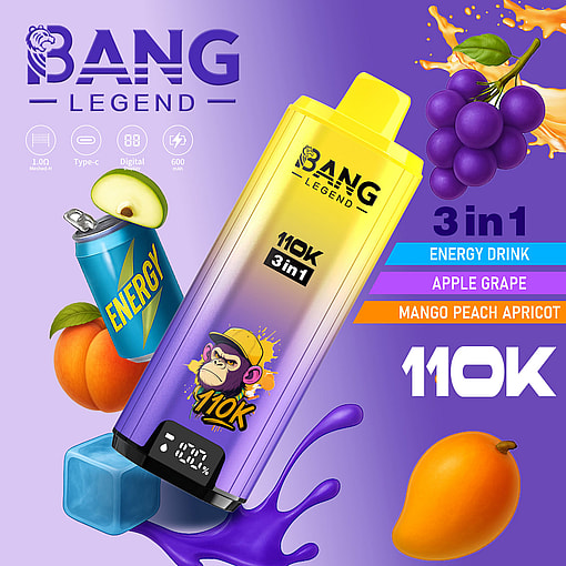 Bright Bang Legend 3-in-1 energy drink ad featuring a yellow gradient bottle with a monkey logo, a blue energy can, and fruit graphics.