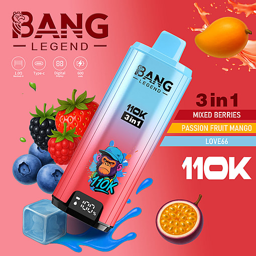 BANG LEGEND gradient blue to pink vape device with 110K 3in1, surrounded by mixed berries, passion fruit and mango.